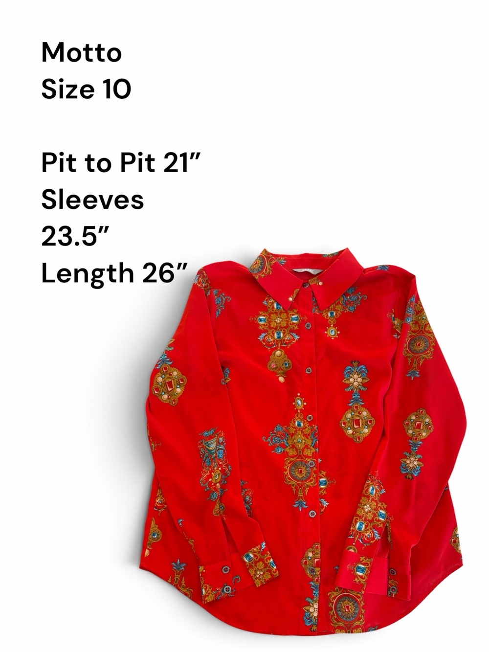 Motto Size 10 Red Baroque Jewel Print Button Down Blouse Long Sleeve Statement - Picture 6 of 7